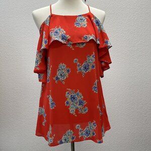 143 Story By Line Up Womens Small Top Floral Red Blue Ruffle Blouse Off Shoulder